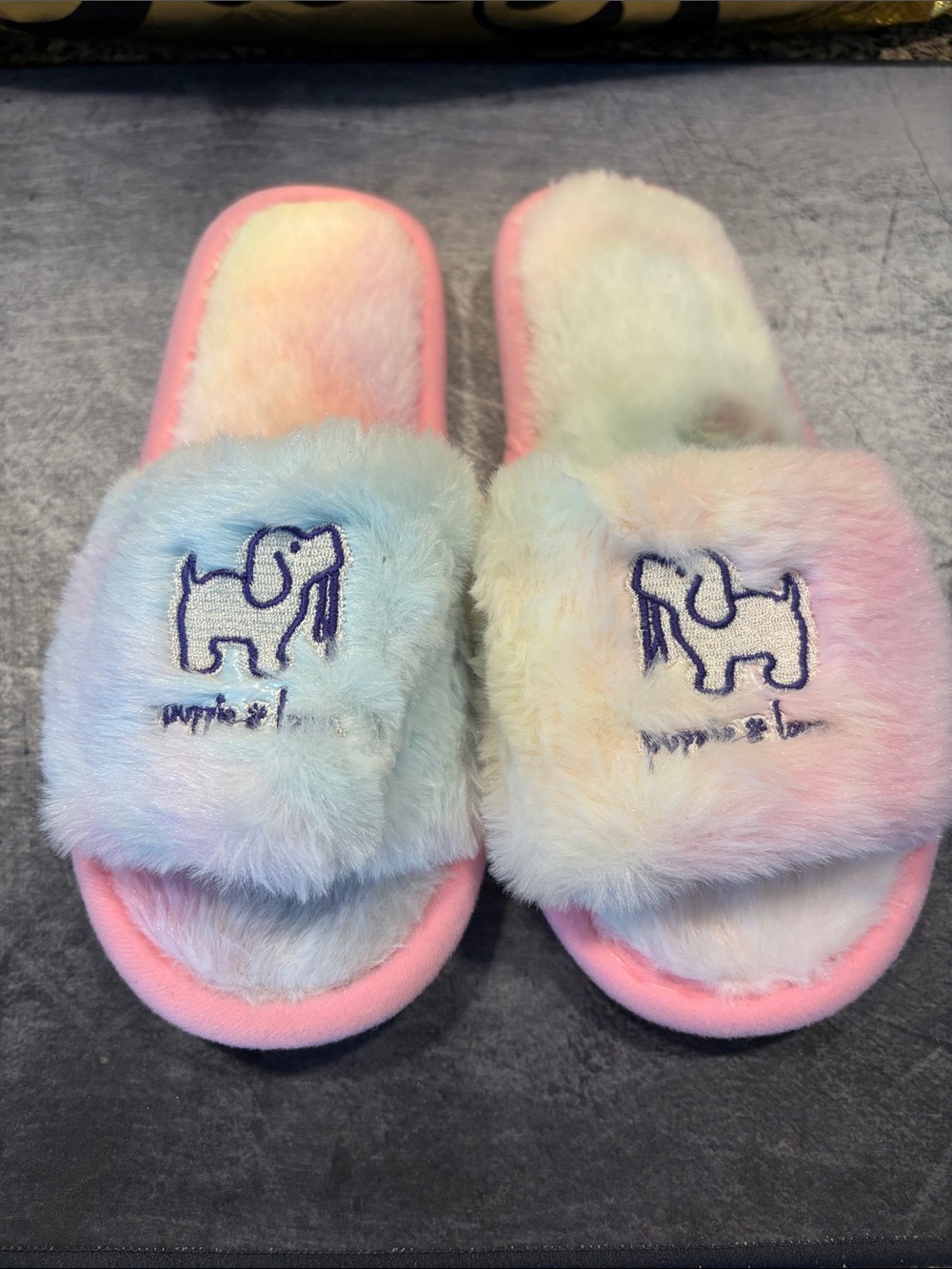 Plush Multicolor Dog-Embroidered Pet Slide - Pink Trim